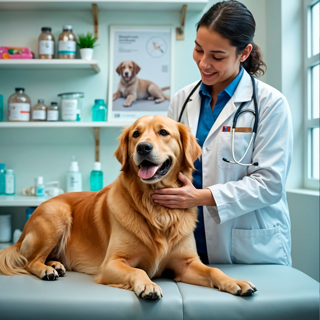 vet with stethoscope examining a Golden Retriever dog